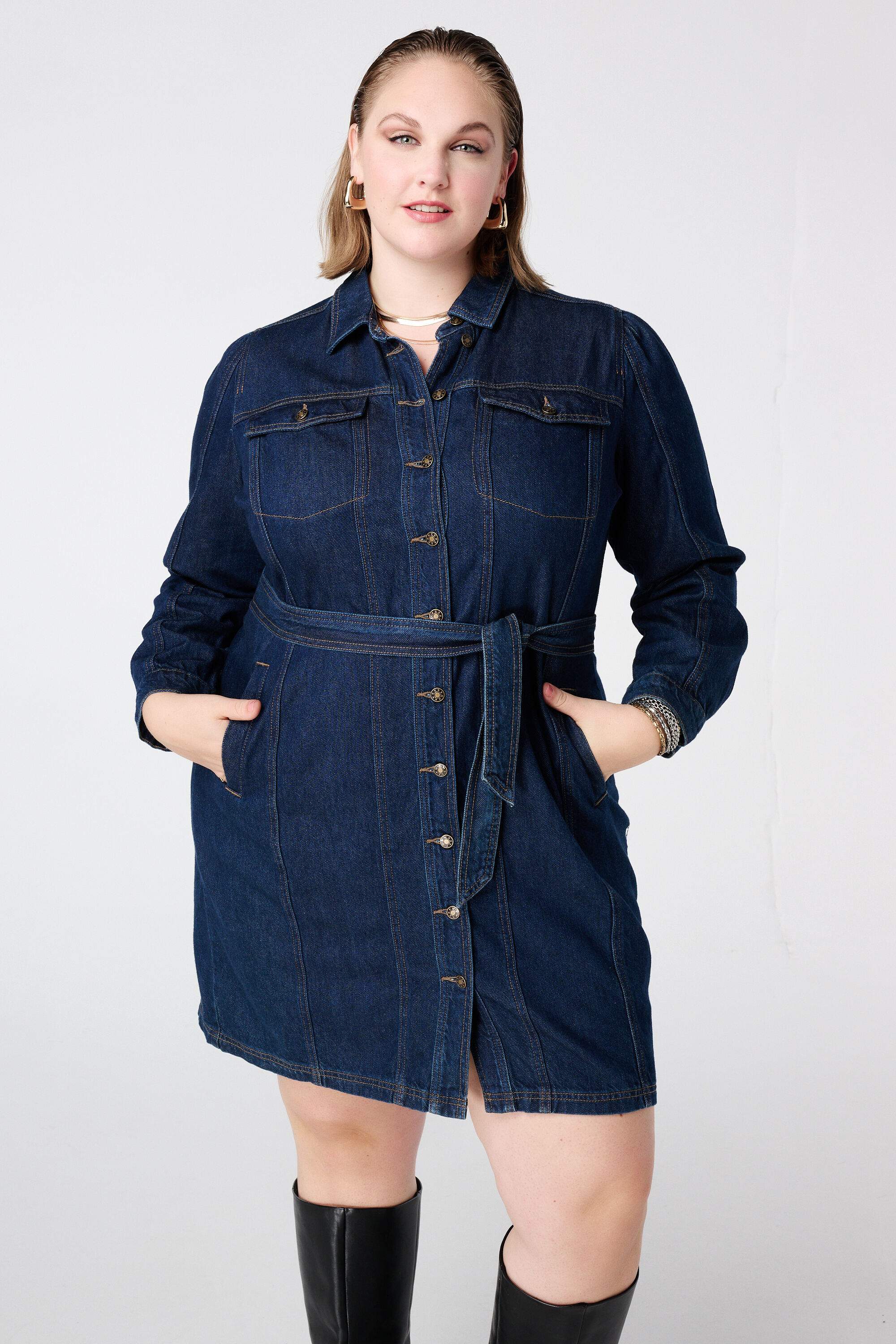 Robe en denim avec ceinture &agrave; nouer image number 5