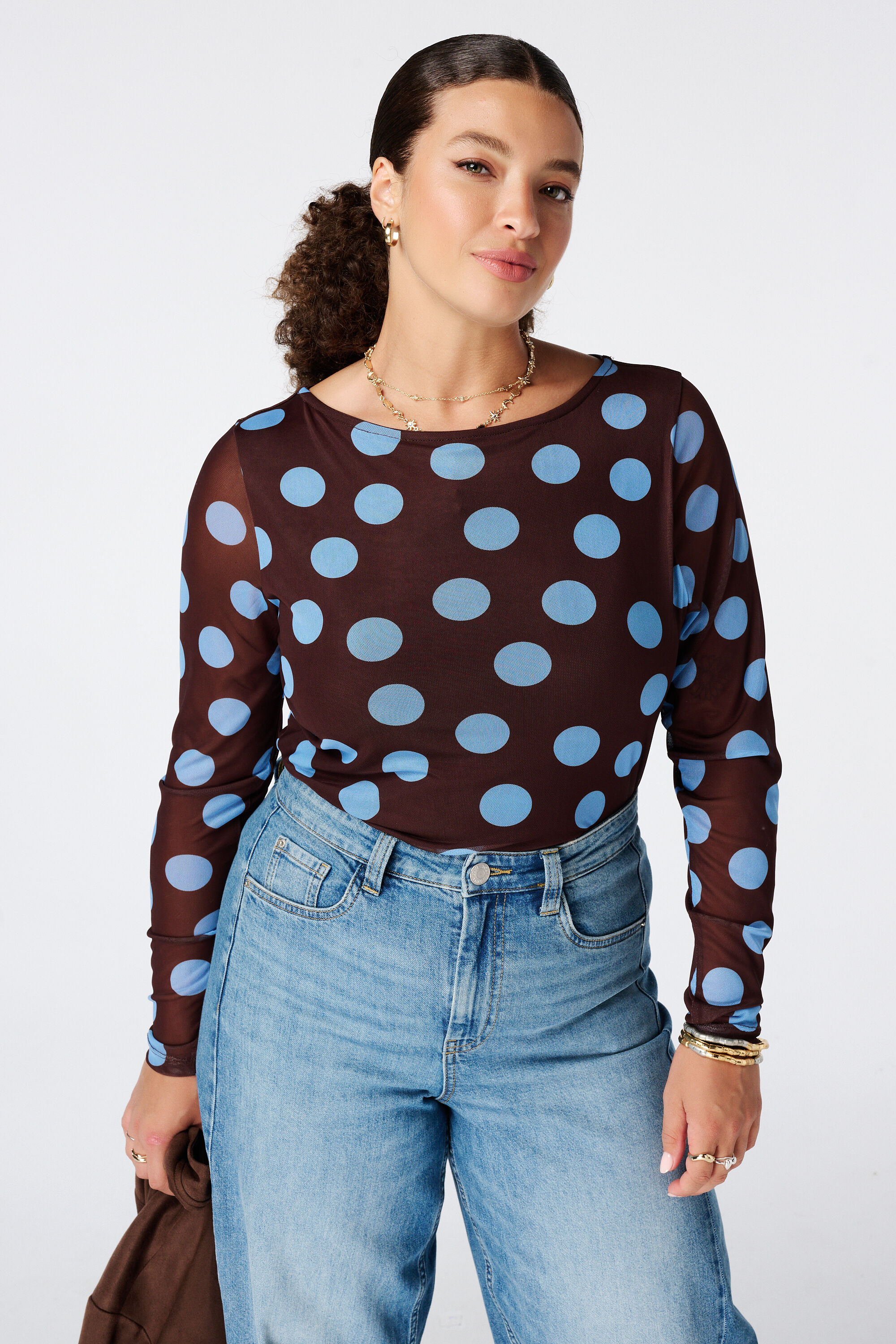 Top en mesh drap&eacute;e &agrave; pois