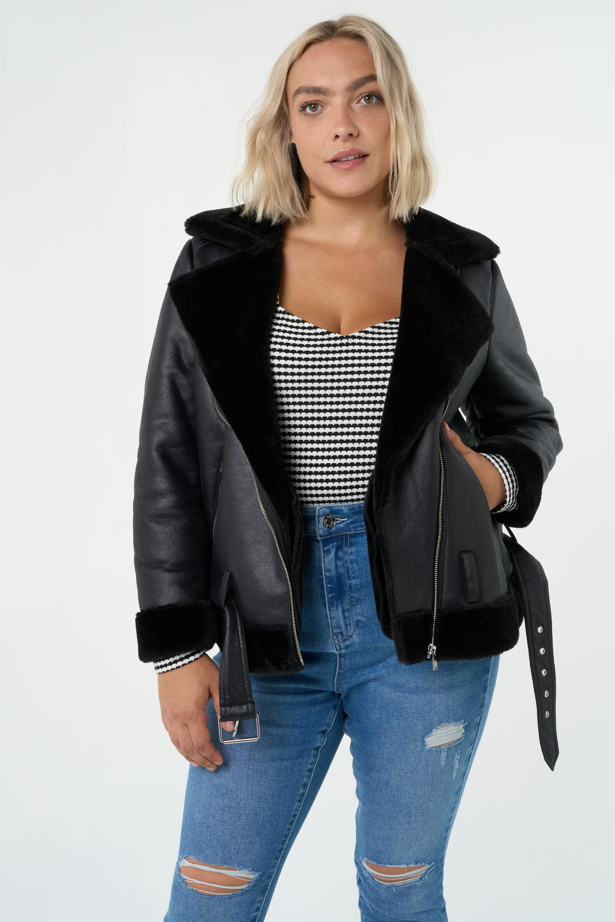Femmes Veste de style motard avec fourrure vegan MS Mode