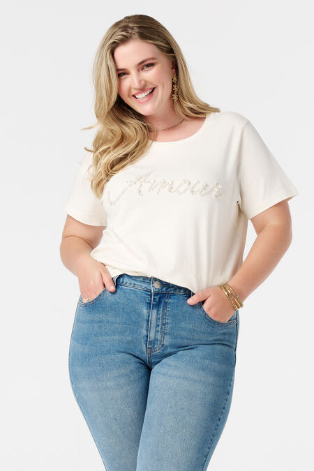 T-shirt avec texte en fausses perles  T-shirt avec texte en fausses perles