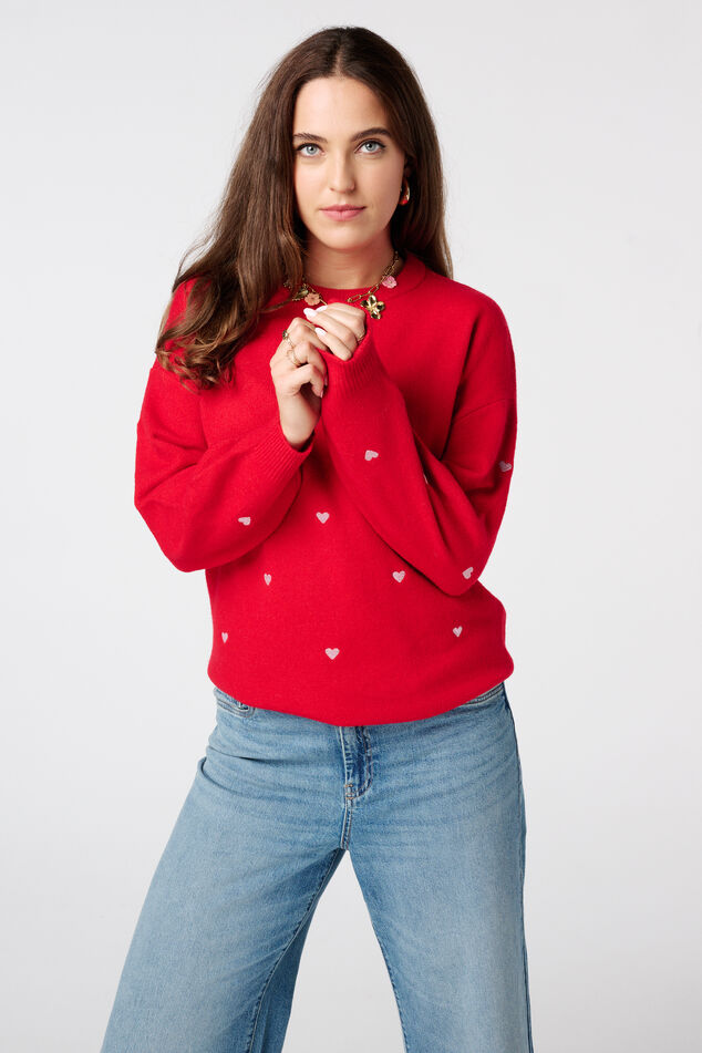 Pull finement tricoté avec des cœurs brodés image number 0