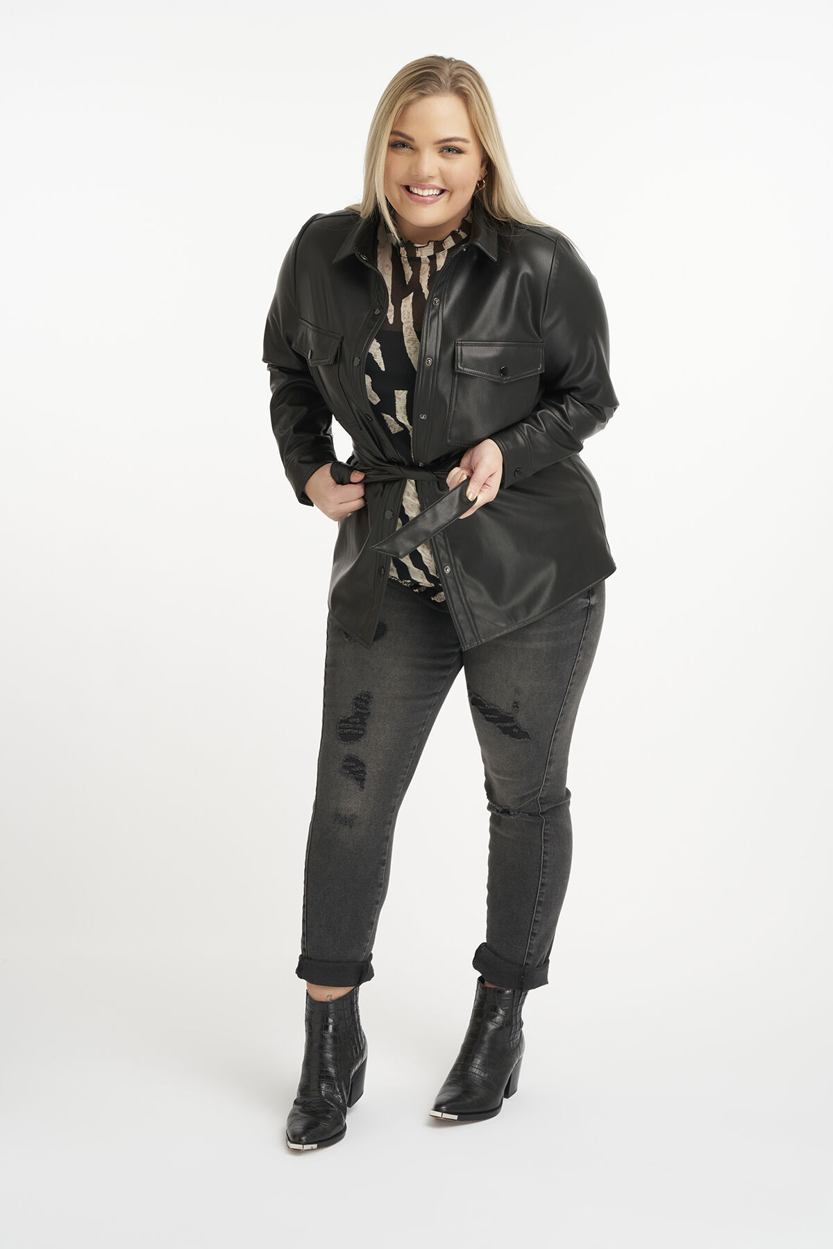 Femmes Veste en similicuir avec ceinture a nouer MS Mode