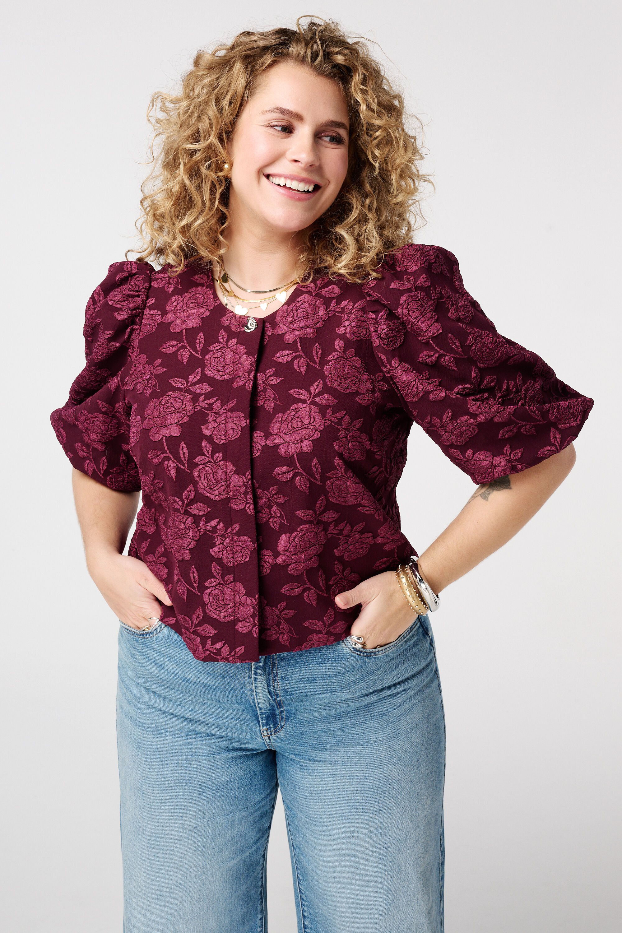 Top jacquard &agrave; manches bouffantes image number 0