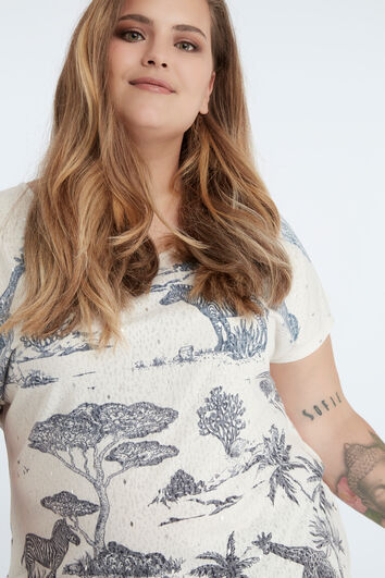 T-shirt bleu/blanc imprim&eacute; safari