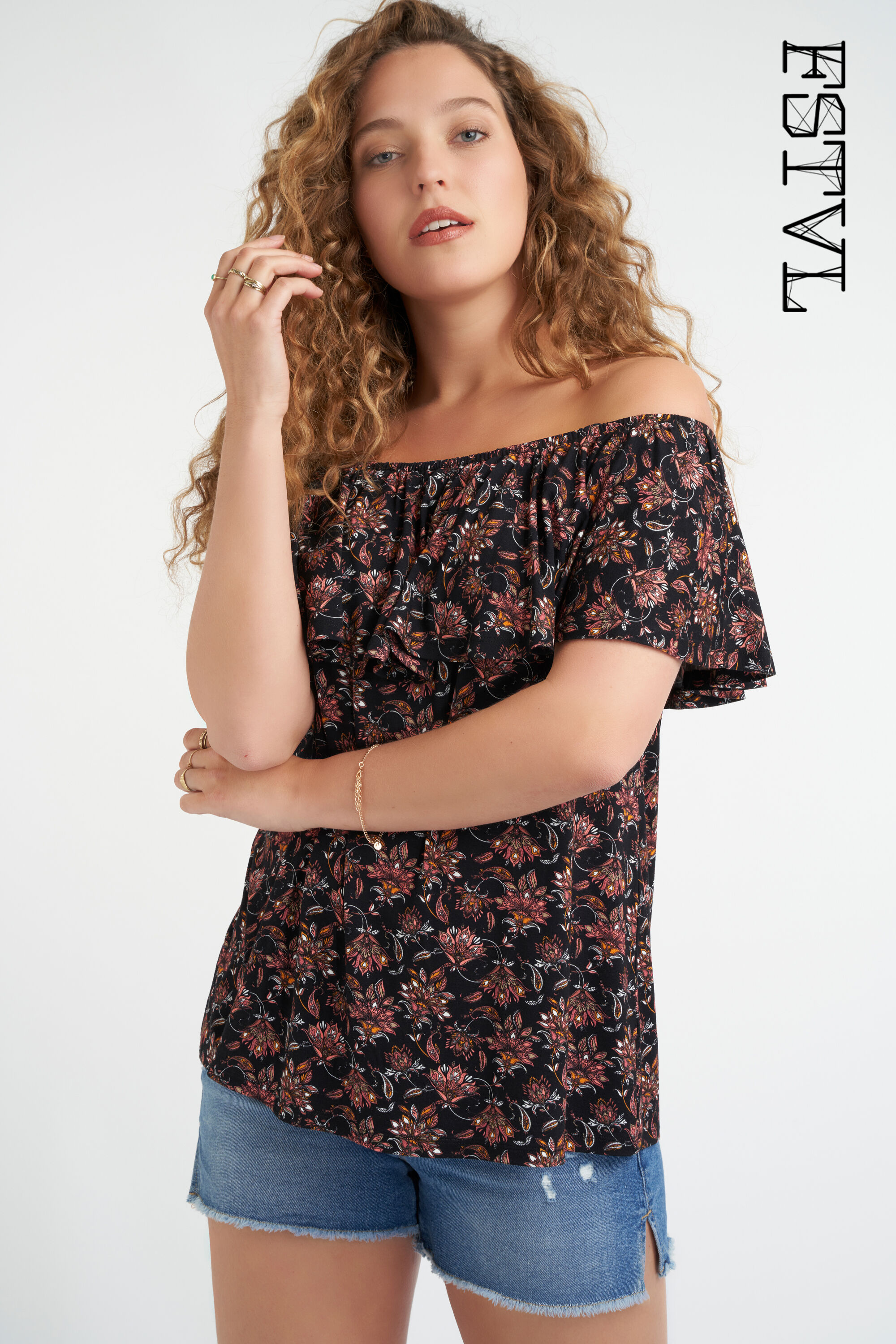 Haut &agrave; &eacute;paules ajour&eacute;es et &agrave; imprim&eacute;