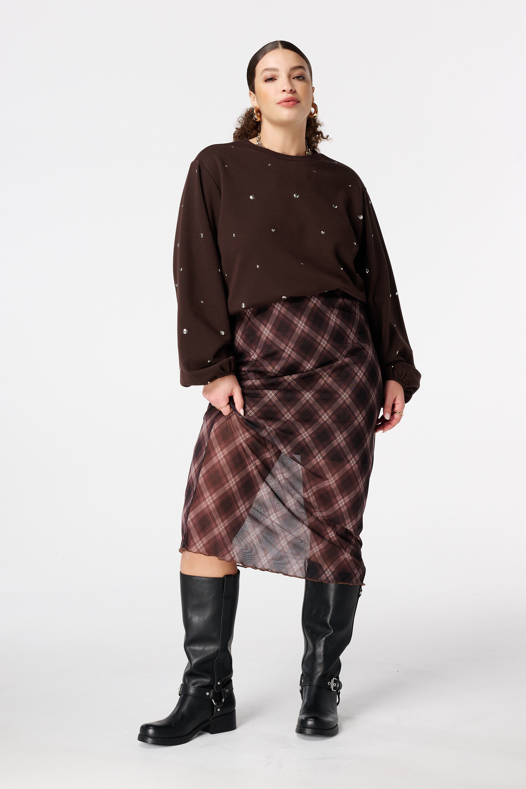 Jupe midi &agrave; imprim&eacute; &agrave; carreaux